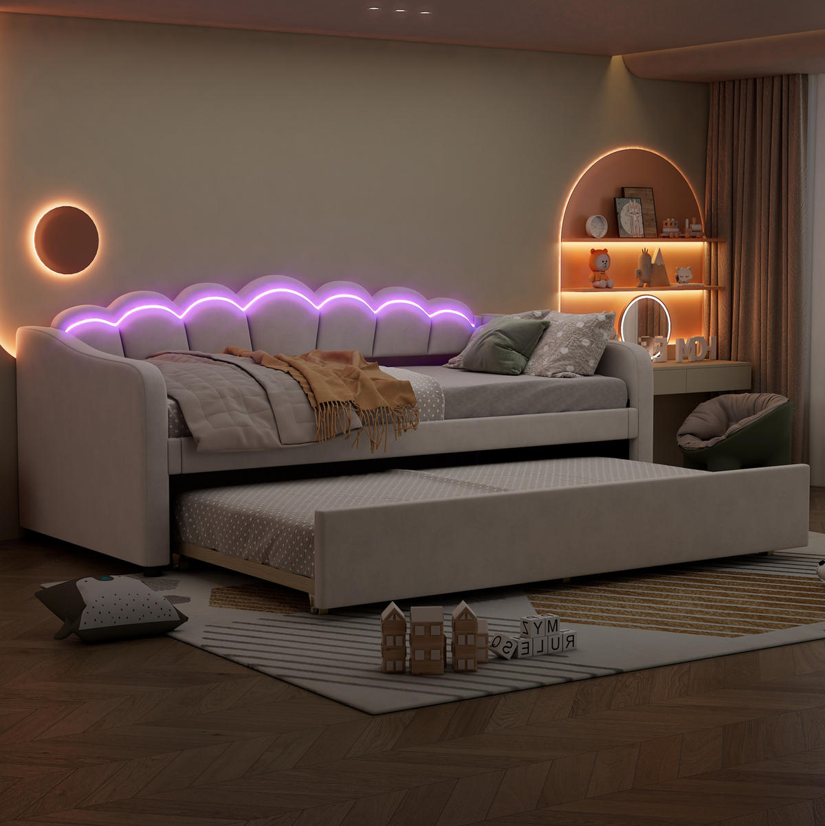 POLSTERBETT 90/200 cm aus Samt mit PolsterPolsterbett und LED-Beleuchtung, Beige - Beige, Textil (90/200cm) - Flora Grace