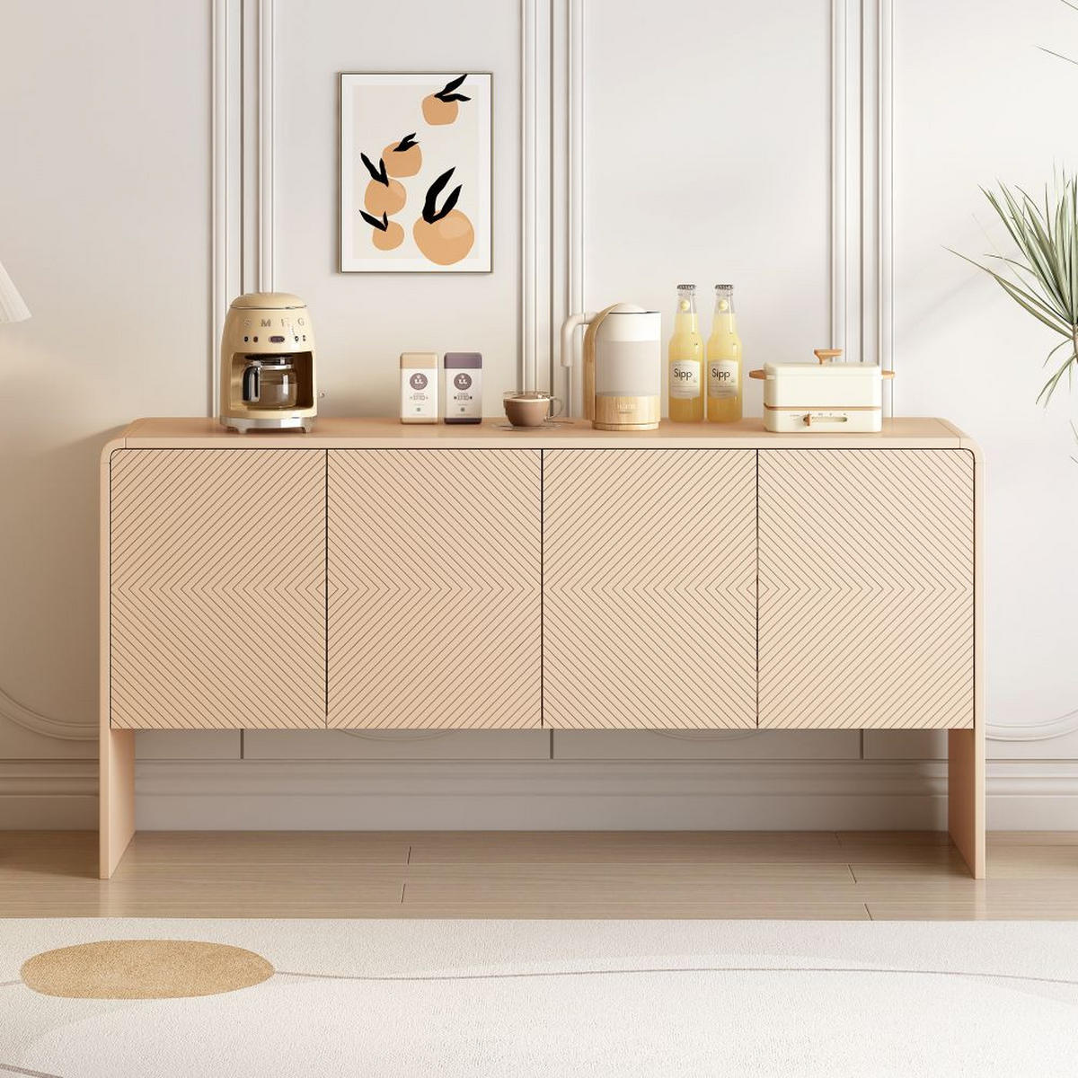 SIDEBOARD mit 4 Türen und Rückstoßvorrichtung, Aprikosencreme - Creme, Holz (152.5/76.5/40cm) - KOMHTOM