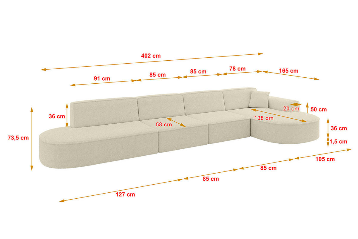ECKSOFA Ottomane Rechts MARI-L3 - 402x163x73,5 cm Beige Bouclé - Beige/Schwarz, Holzwerkstoff/Kunststoff (402/163cm) - ALTDECOR