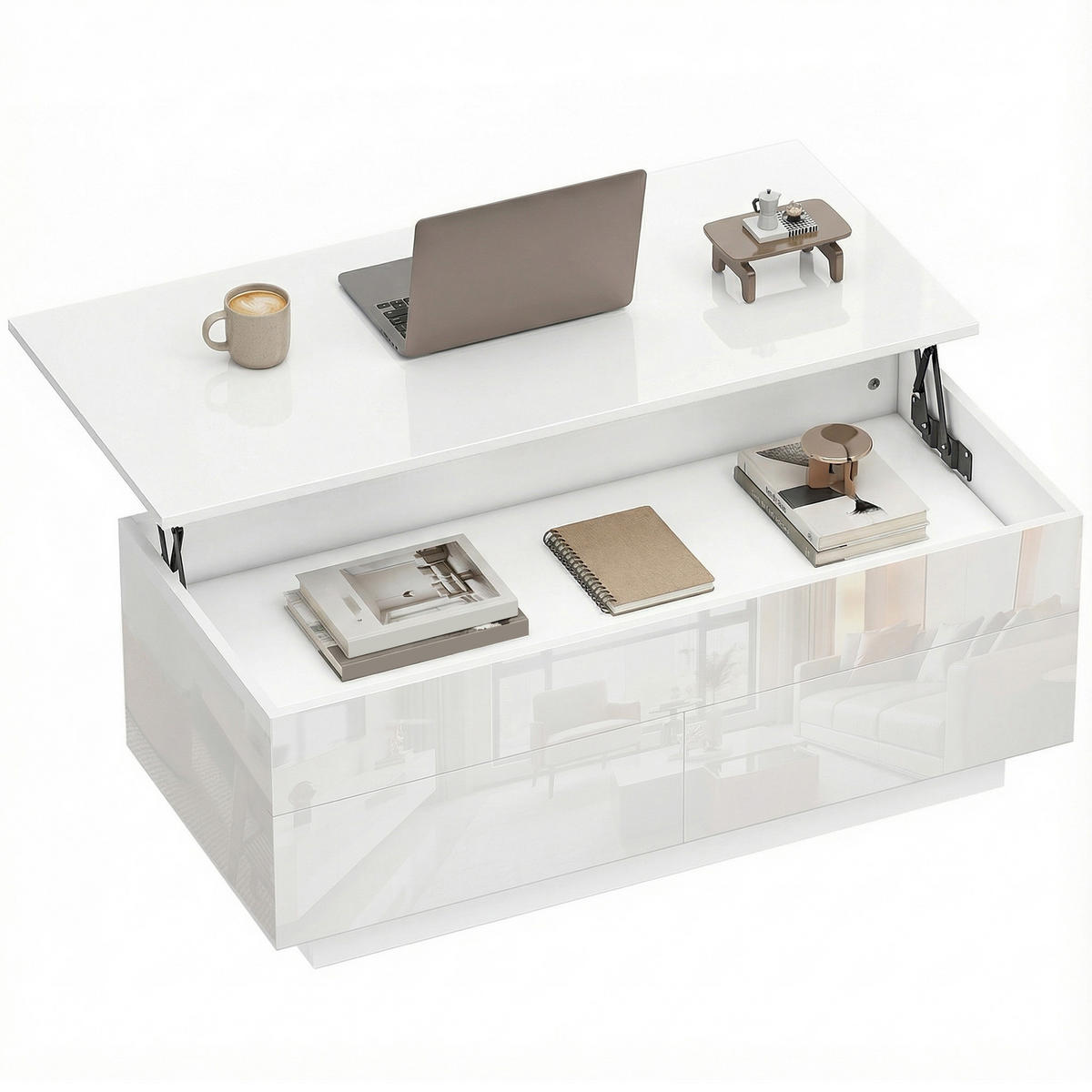 COUCHTISCH Höhenverstellbar, Moderner Wohnzimmertisch mit verstecktem Stauraum und 2 Schubladen, Hochglanz Weiß - Weiß Hochglanz, Holzwerkstoff (48/102/54.5cm)