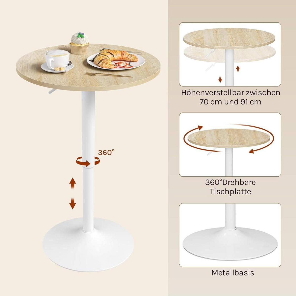 BARTISCH Stehtisch, Bistrotisch aus MDF Metall, 60x60x91cm - Hellbraun/Weiß, Holzwerkstoff/Metall (60/60/91cm) - Woltu