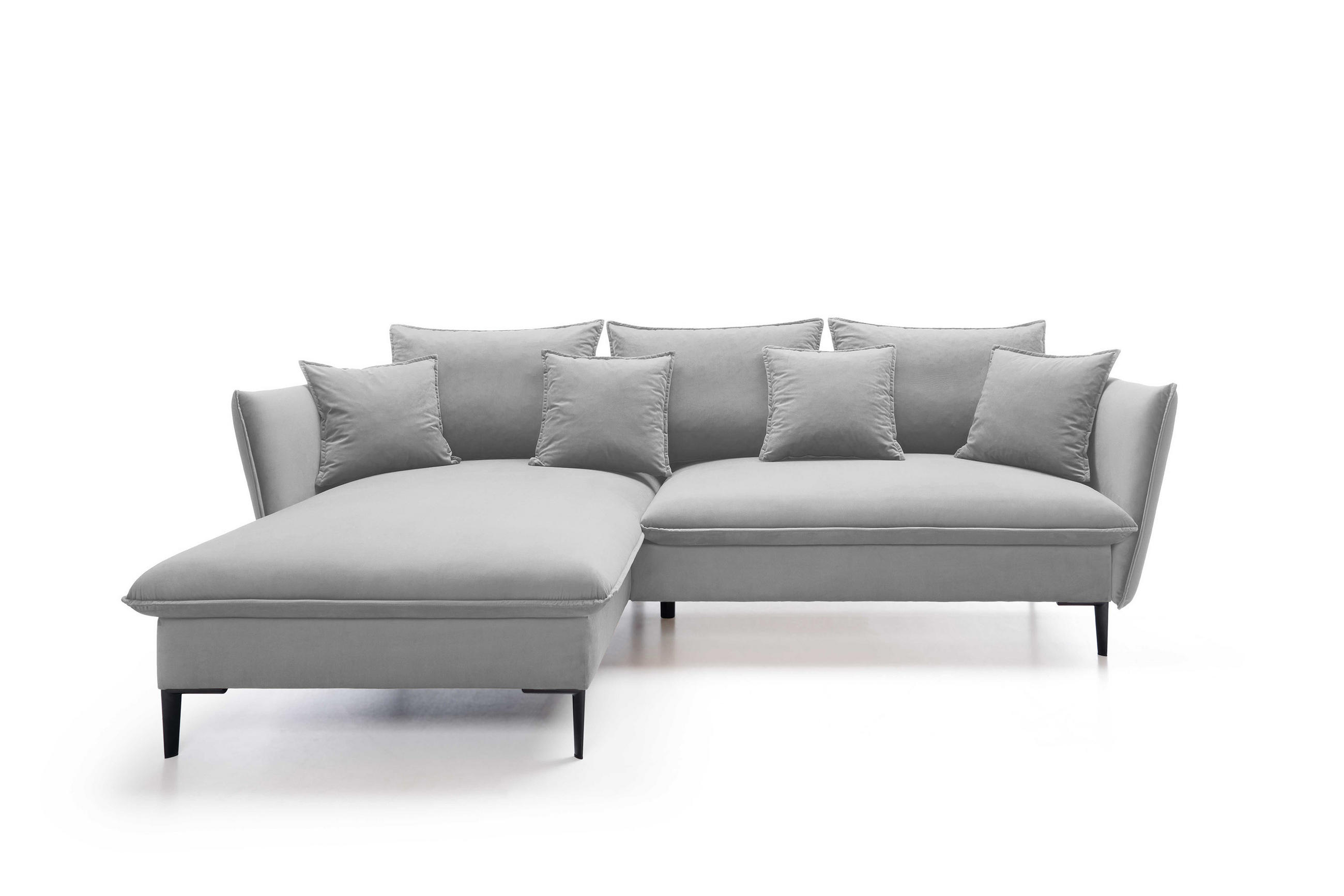 ECKSOFA GLOSS mit Schlaffunktion, Ottomane & goldenen Füßen – Samtsofa im GLOSSour-Stil mit Zierkissen, 258x167x91cm, Linke, GRAU - Blau, Holz/Textil (167/258cm) - DomoHome