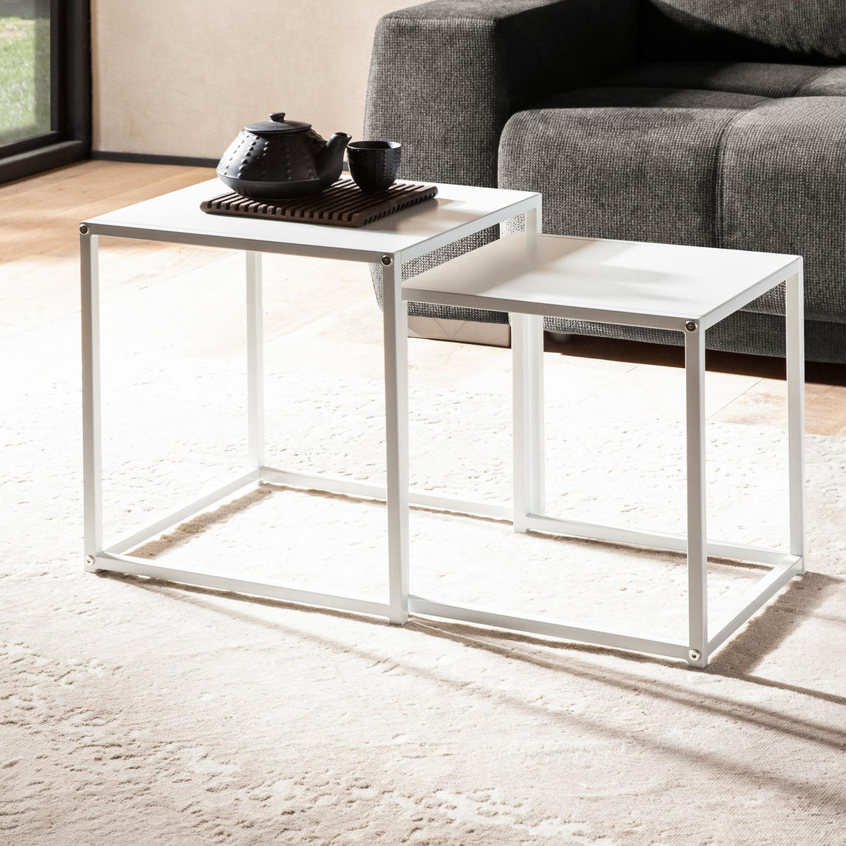 BEISTELLTISCH Set Weiß Metall Eckig Industrial Design 2-teilig - Weiß, Metall (40/40/45cm) - KADIMA DESIGN