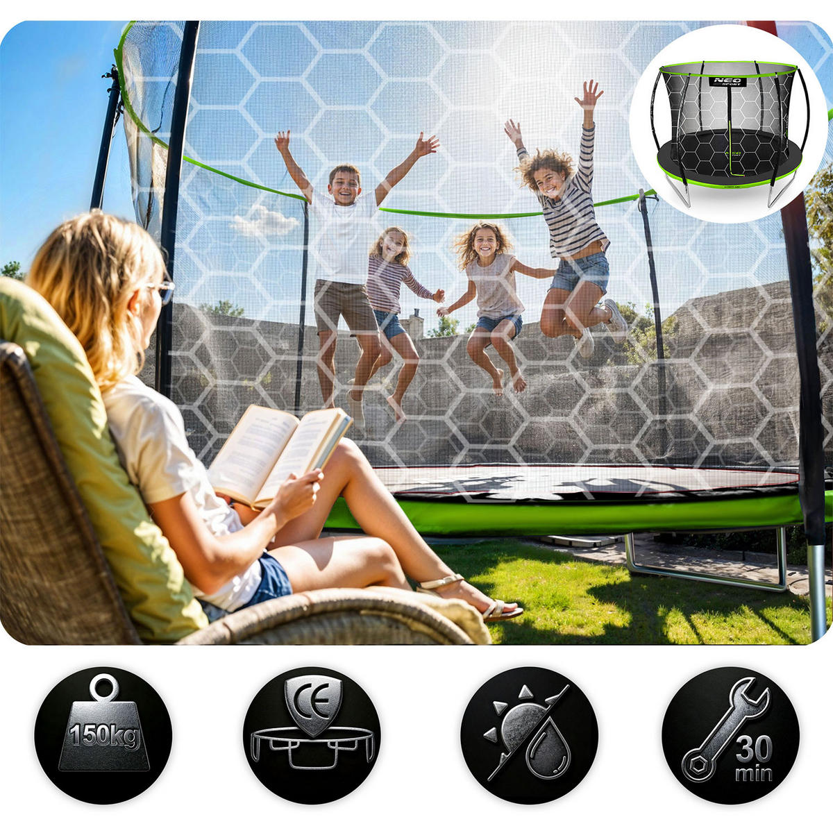 PROFILIERTES Gartentrampolin 8 ft/252 cm mit Innennetz - Grün, Metall (252/252cm)