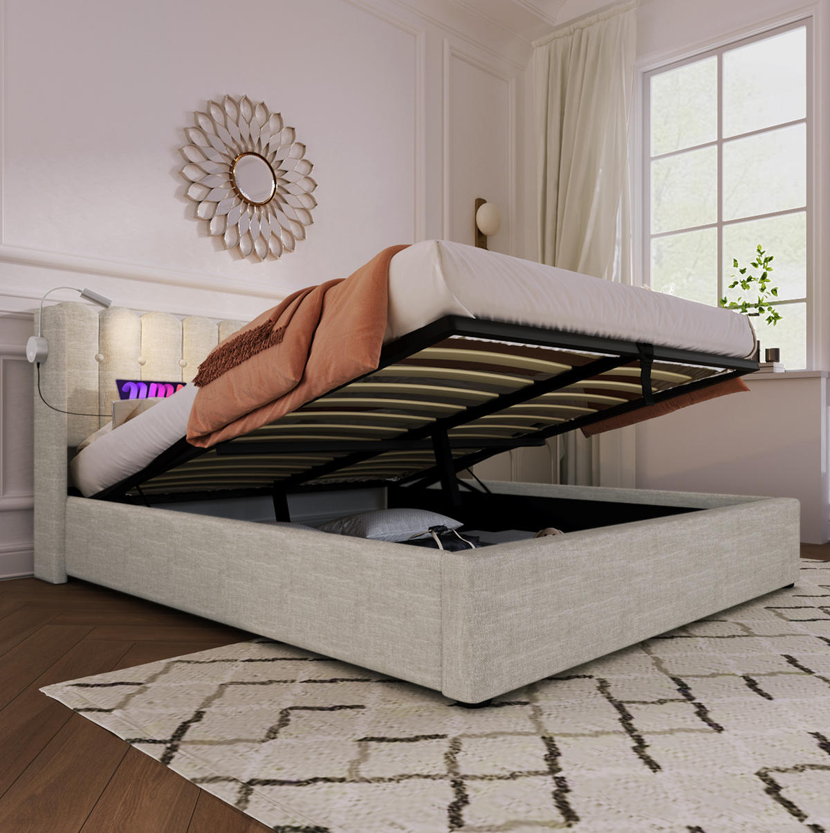POLSTERBETT 160/200 cm mit Leselicht und Ladefunktion in Natur Ohne Matratze - Naturfarben, Textil (160/200cm) - OKWISH