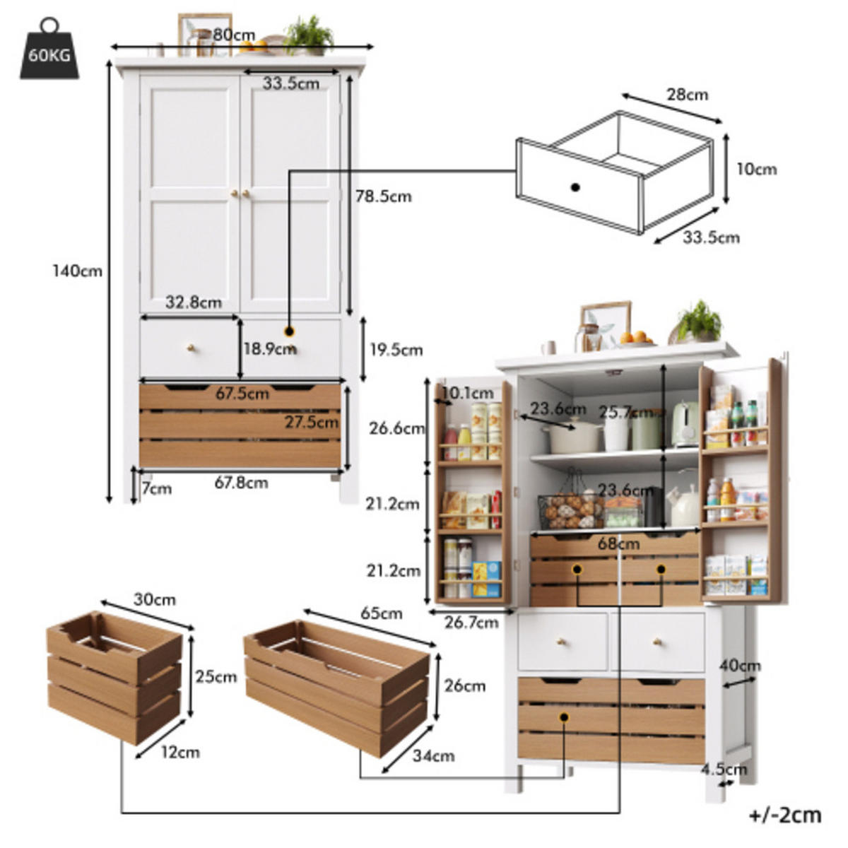 SIDEBOARD 80×40×140 cm aus MDF & Metall mit großem Stauraum und Kippschutz, weiß - Weiß, Holzwerkstoff (80/140/40cm) - Luhomfu