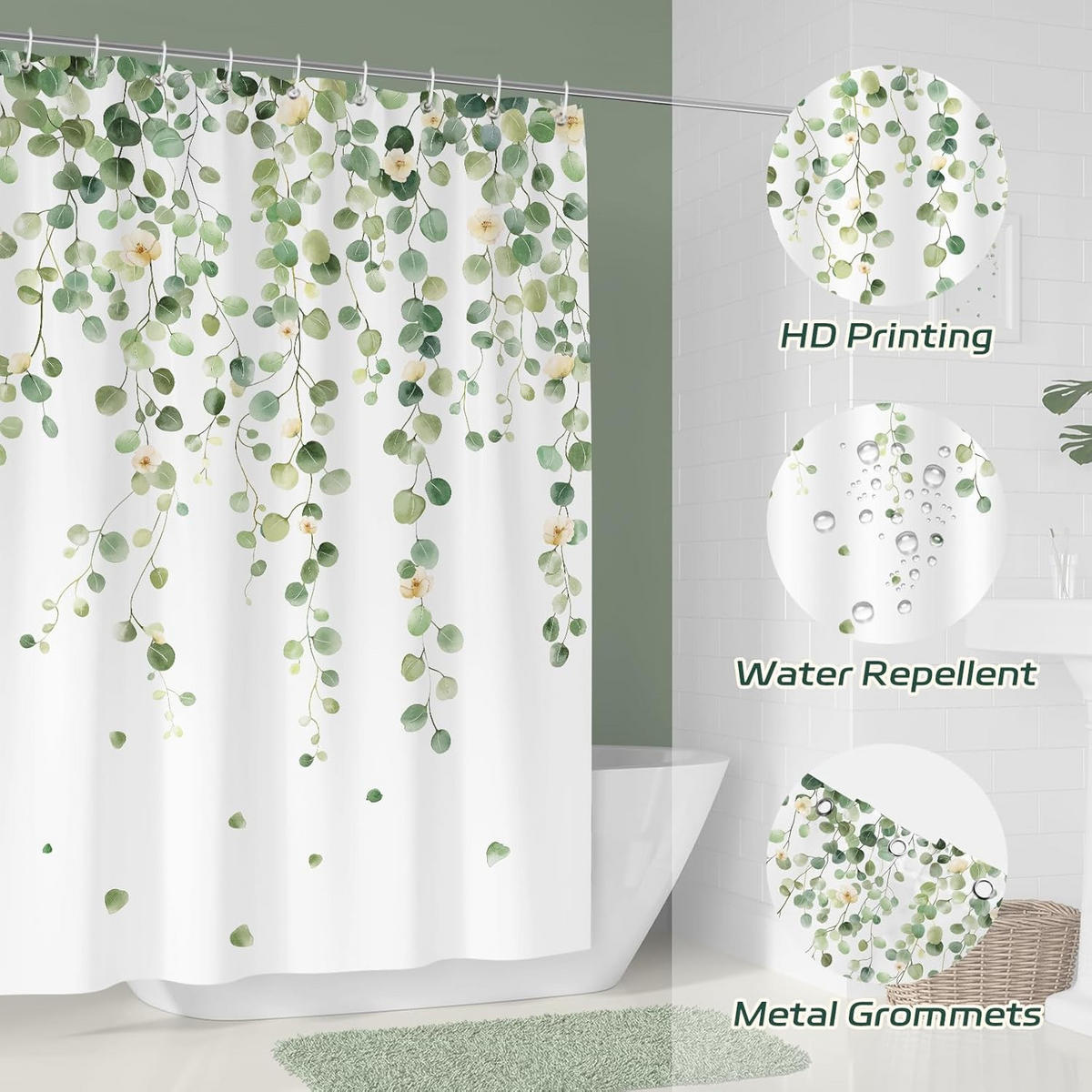 DUSCHVORHANG Grün Eukalyptus Polyester wasserdicht schimmelresistent waschbar mit Haken - Grün, Textil (180/180cm) - MCBOSON