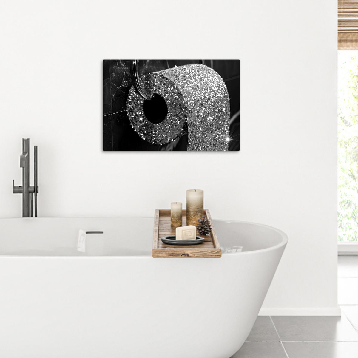 LEINWANDBILD WC - Toilettenpapier - Schwarz und weiß - Glitter Gemälde 60x40 cm - Silberfarben, Textil (60/40cm) - MuchoWow