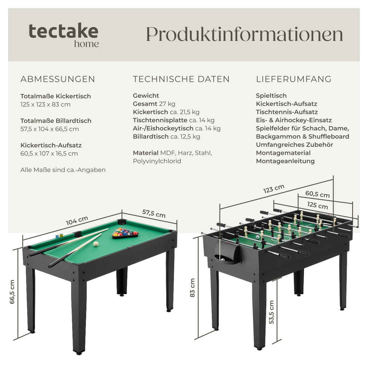 MULTIFUNKTIONALER SPIELTISCH Sirgamealot,125 x 123 x 83 cm,schwarz/grün - Schwarz/Grün, Holz (125/123cm) - tectake