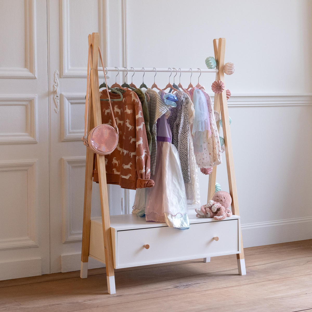 KINDERGARDEROBE Lou Weiß und Holz - Weiß, Holzwerkstoff (40/130/80cm) - Happy Garden