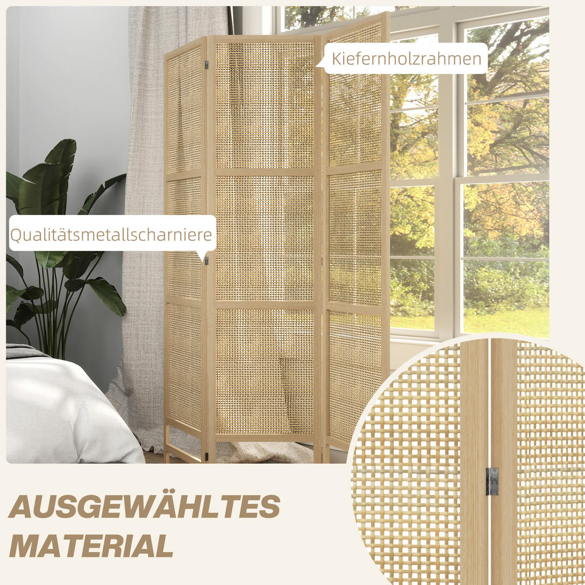 PARAVENT3-TEILIG 135 x 180 cm, Natur - Naturfarben, Kunststoff (135/180/1.7cm) - HOMCOM