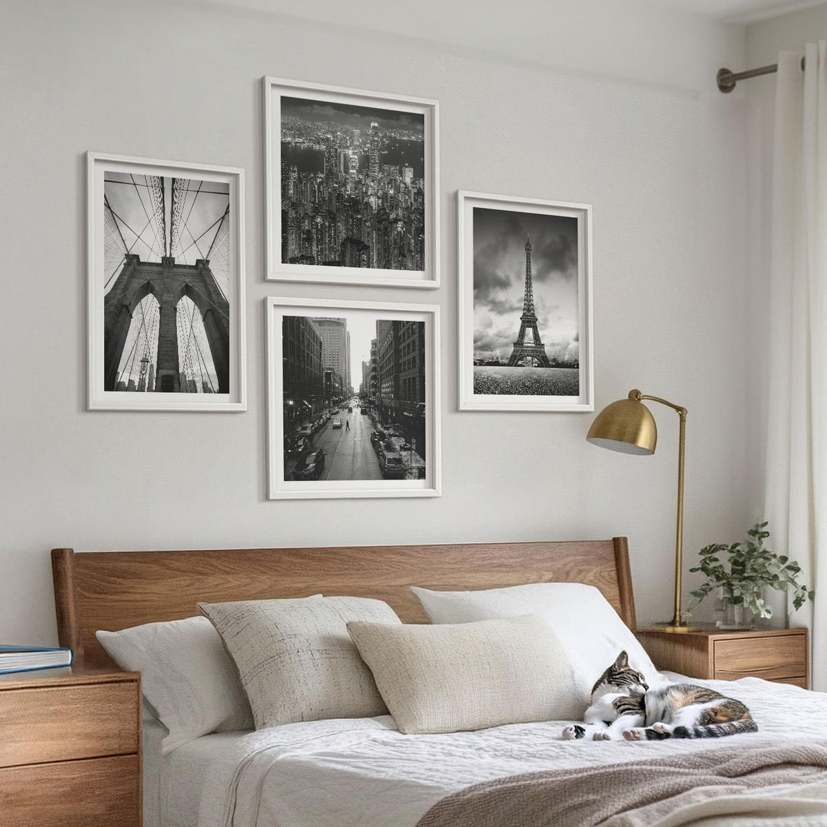 BILDER SET 4er Set - 50x50 cm & 40x60 cm Weißer Rahmen - Monochromatische Brückentürme - Weiß, Kunststoff (50/50cm) - TULUP