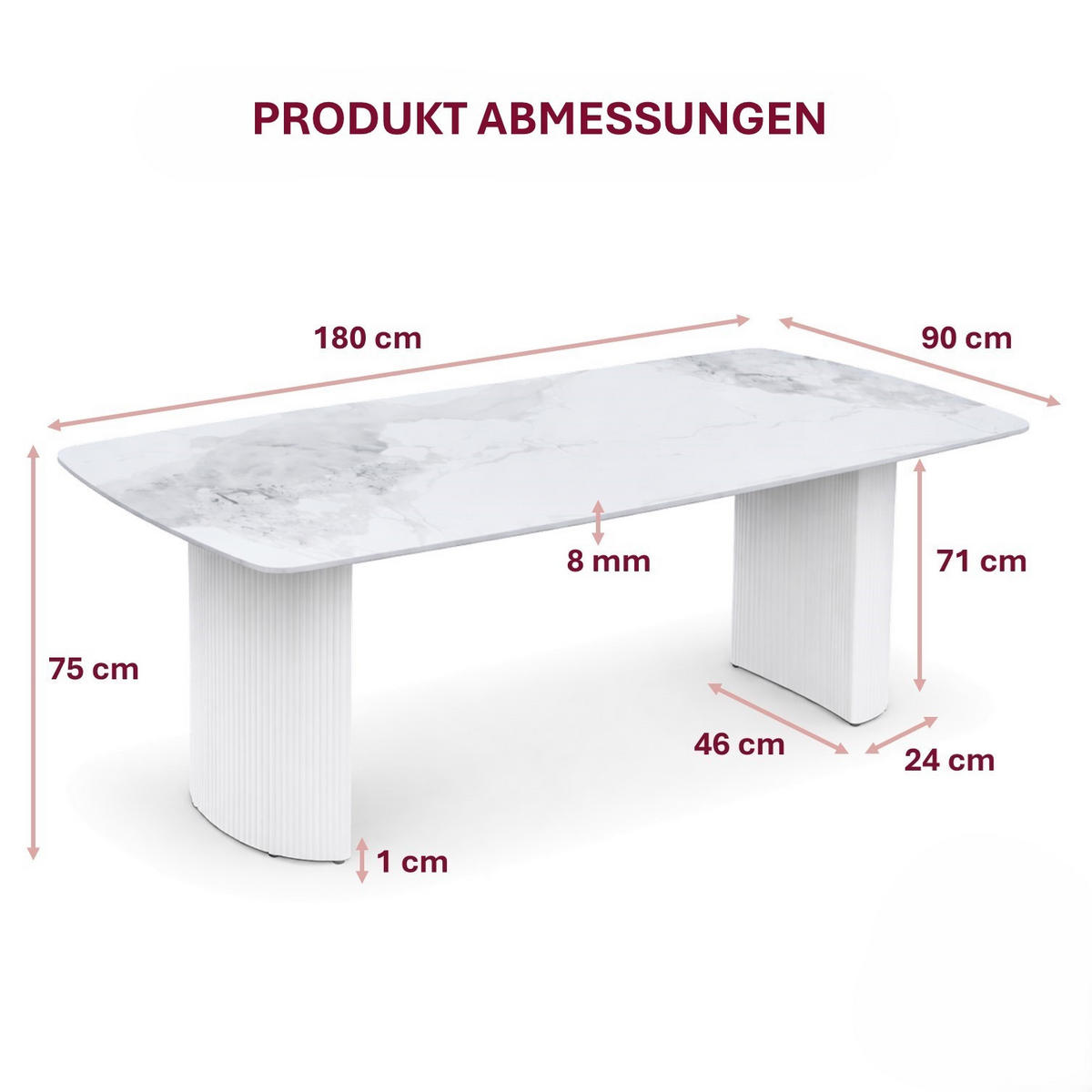 ESSTISCH Keramik Marmor-Optik geriffeltes Säulengestell Weiß 180 × 90 cm - Weiß, Keramik/Metall (90/180/75cm) - HOOZ