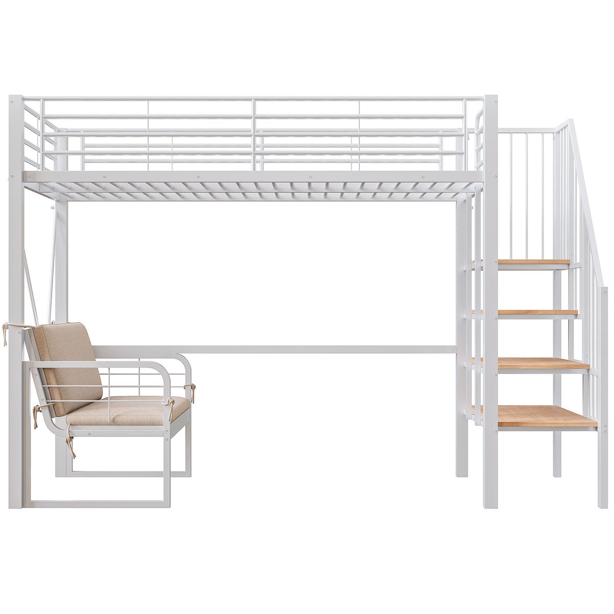 ETAGENBETT 90/200 cm mit abnehmbarem Polstersofa, Stauraumtreppe und Metall-Rahmen, Weiß - Weiß, Holzwerkstoff (90/200cm) - Redom