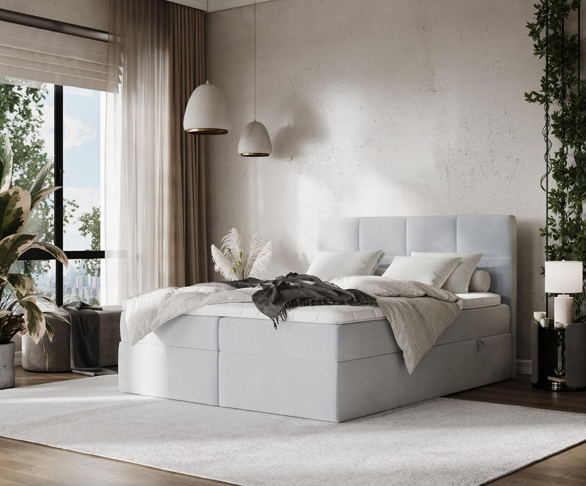 BOXBETT Oris 180/200 cm Hellgrau im Paros Stoff - Hellgrau/Schwarz, Holz/Holzwerkstoff (180/200cm) - AltaBeds