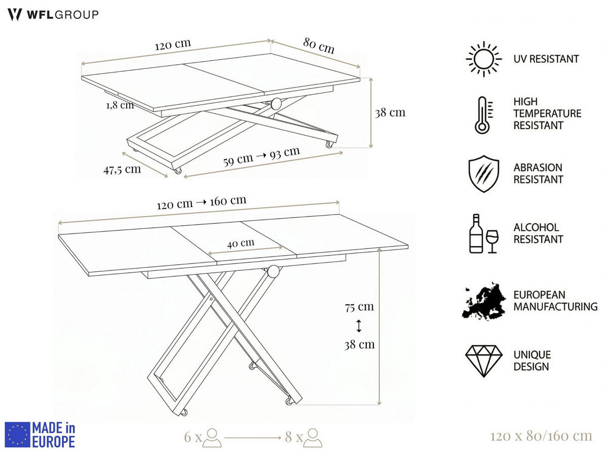 COUCHTISCH Axen höhenverstellbar ausziehbar, Kaschmir 120-160/80/38-75 cm - Kaschmir/Beige, Holzwerkstoff/Metall (80/160/75cm) - WFL GROUP