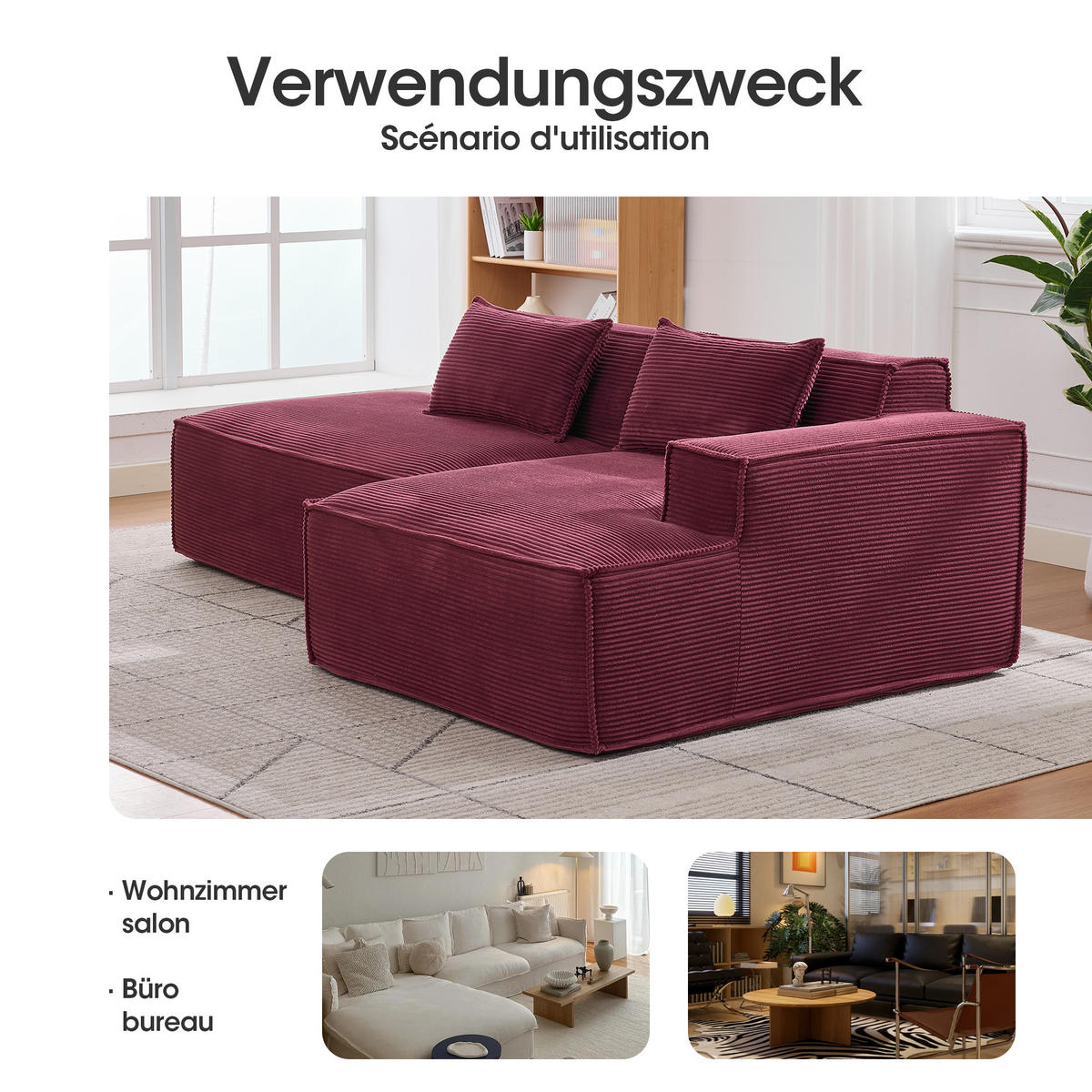 ECKSOFA Polyester Rot mit 2 Kissen - Weinrot, Textil (235/129cm) - WISHDOR