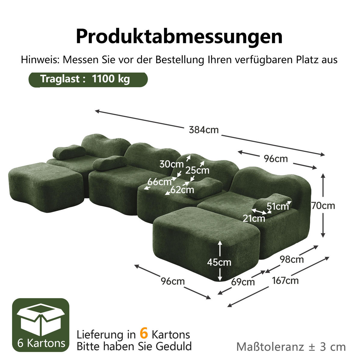 WOHNLANDSCHAFT DE-34348 4-Sitzer mit 2 Ottomans Grün - Grün, Textil (167/70/384cm) - ComfortXL