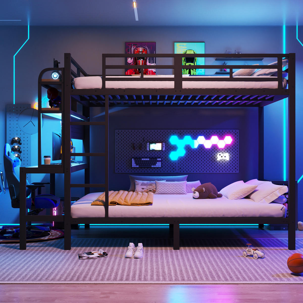 ETAGENBETT 140x200cm Schwarz Metall LED-Licht Schreibtisch USB - Schwarz, Metall (140/200cm) - FLIEKS