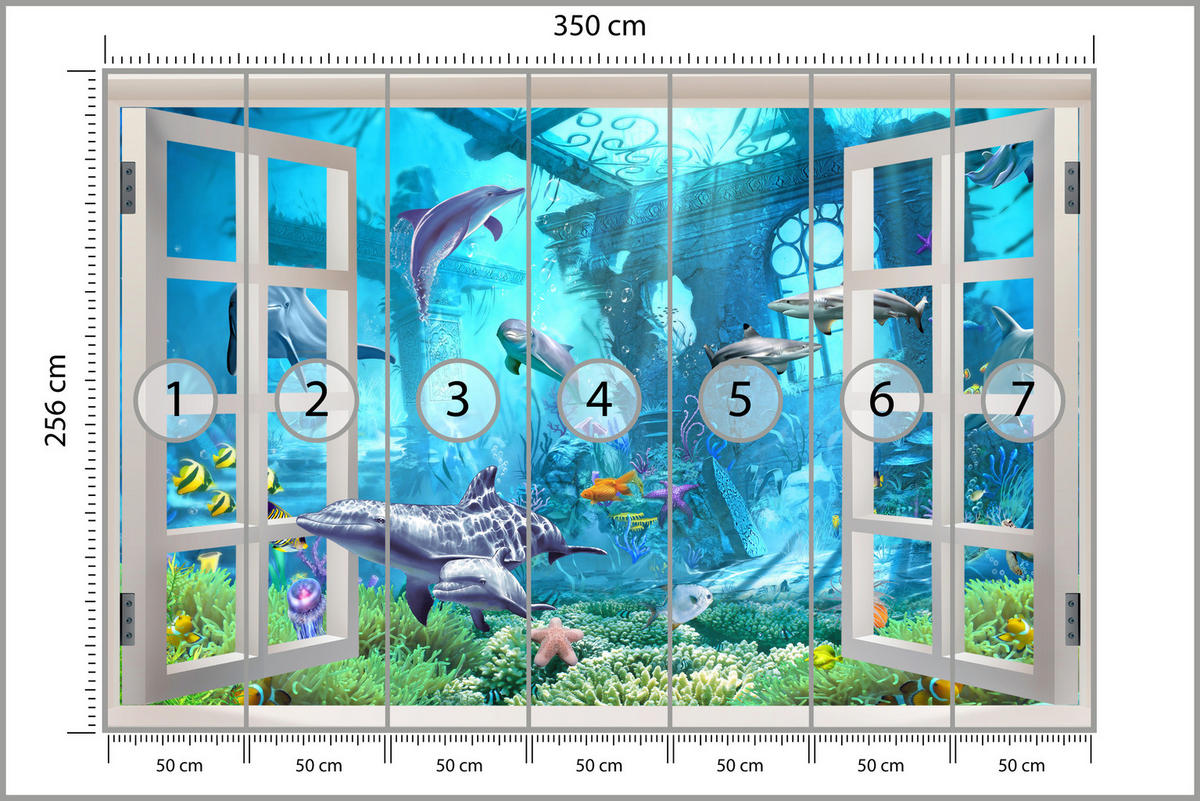 FOTOTAPETE für Schlafzimmer Fenster Unterwasserwelt Delfine Riff 350x256 - Blau/Weiß, Papier (350/256cm) - Muralo