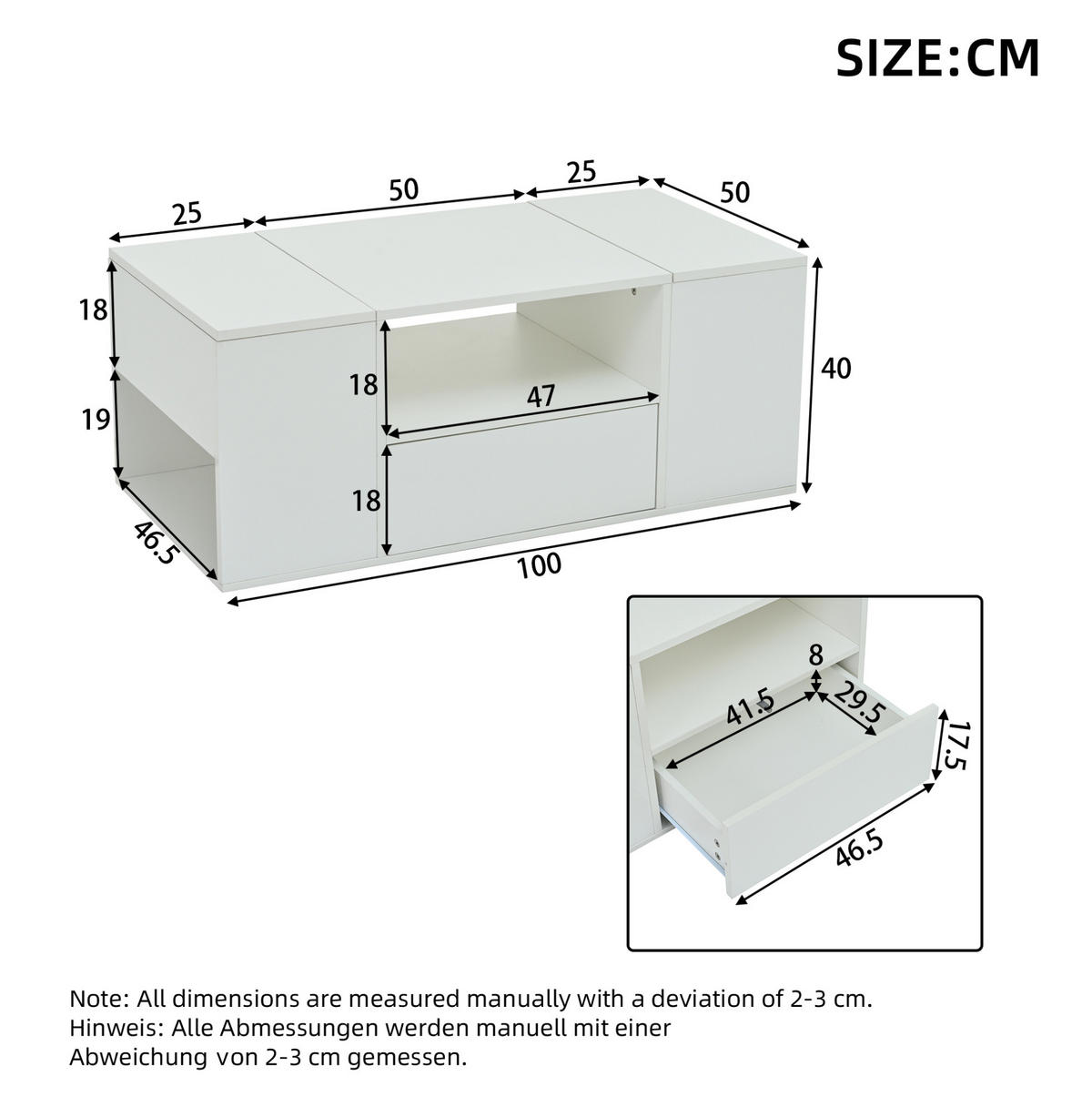 COUCHTISCH 100/50/40 cm in Weiß mit LED-Beleuchtung und viel Stauraum - Weiß, Holzwerkstoff (100/50/40cm) - Flora Grace