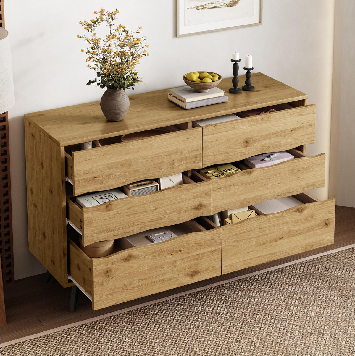 KOMMODE aus Spanplatte 120x40x75,5cm in Holzoptik mit 6 Schubladen - Naturfarben, Holzwerkstoff (120/75.5/40cm) - Modfu