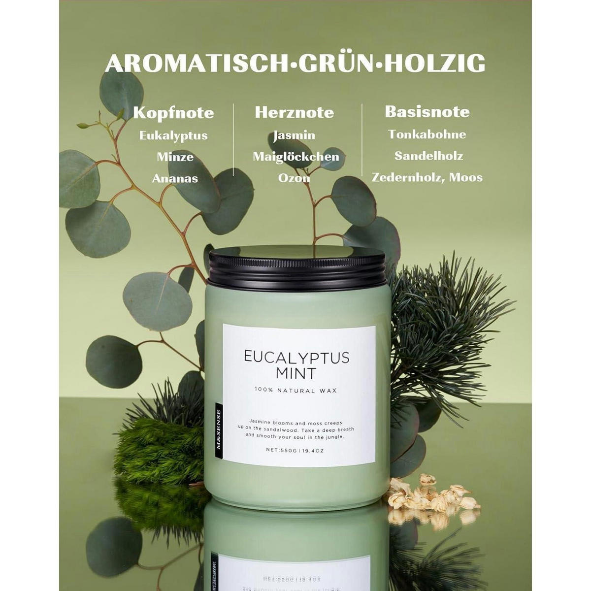 DUFTKERZE Eukalyptus Minze 550g 2-Docht Sojawachs Glas - Grün, Paraffin (13cm)