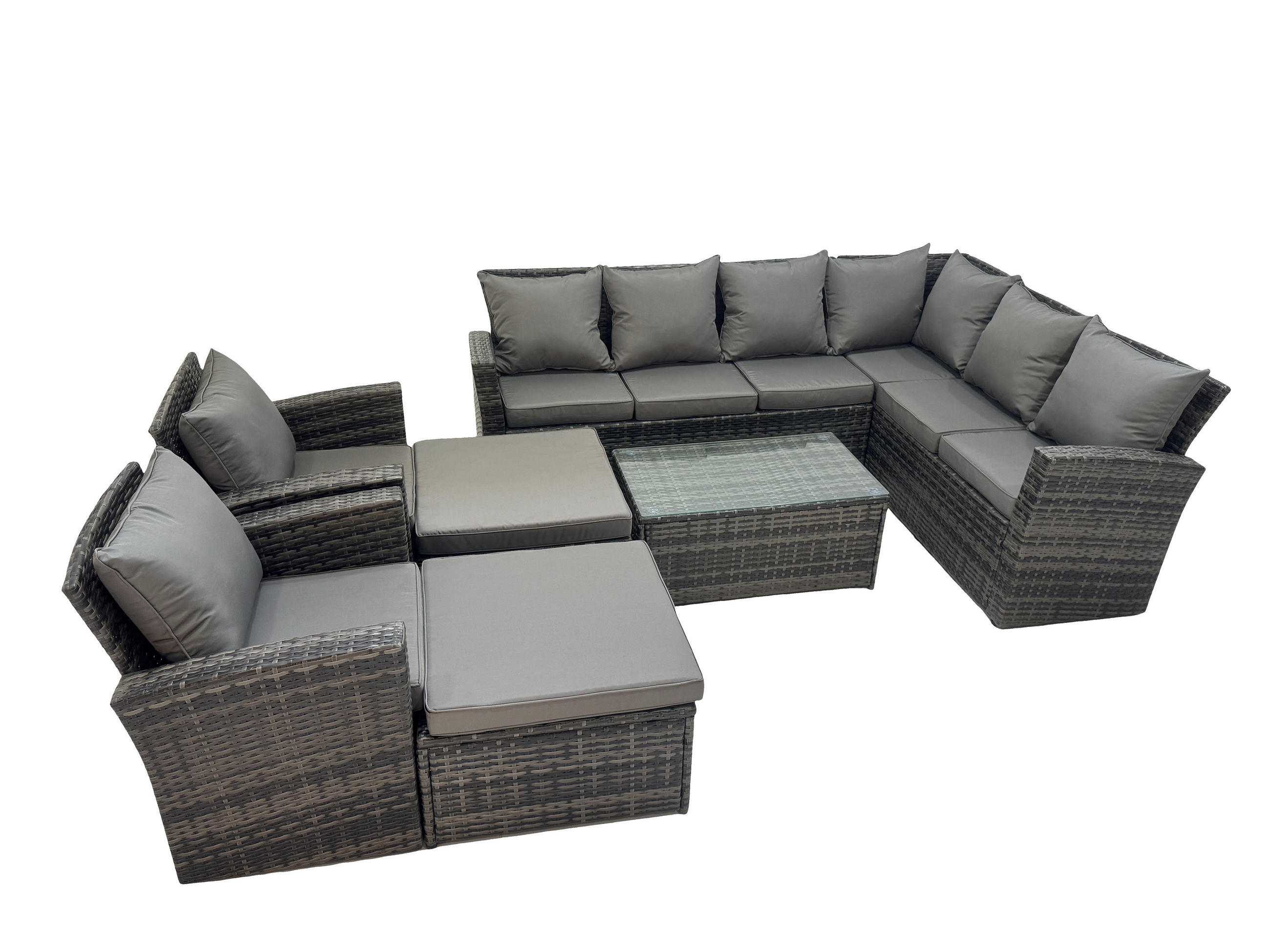 LOUNGEGARNITUR mit Couchtisch Sofa Polyrattan Dunkelgrau 10-Sitzer - Dunkelgrau/Grau, Glas/Kunststoff - Fimous