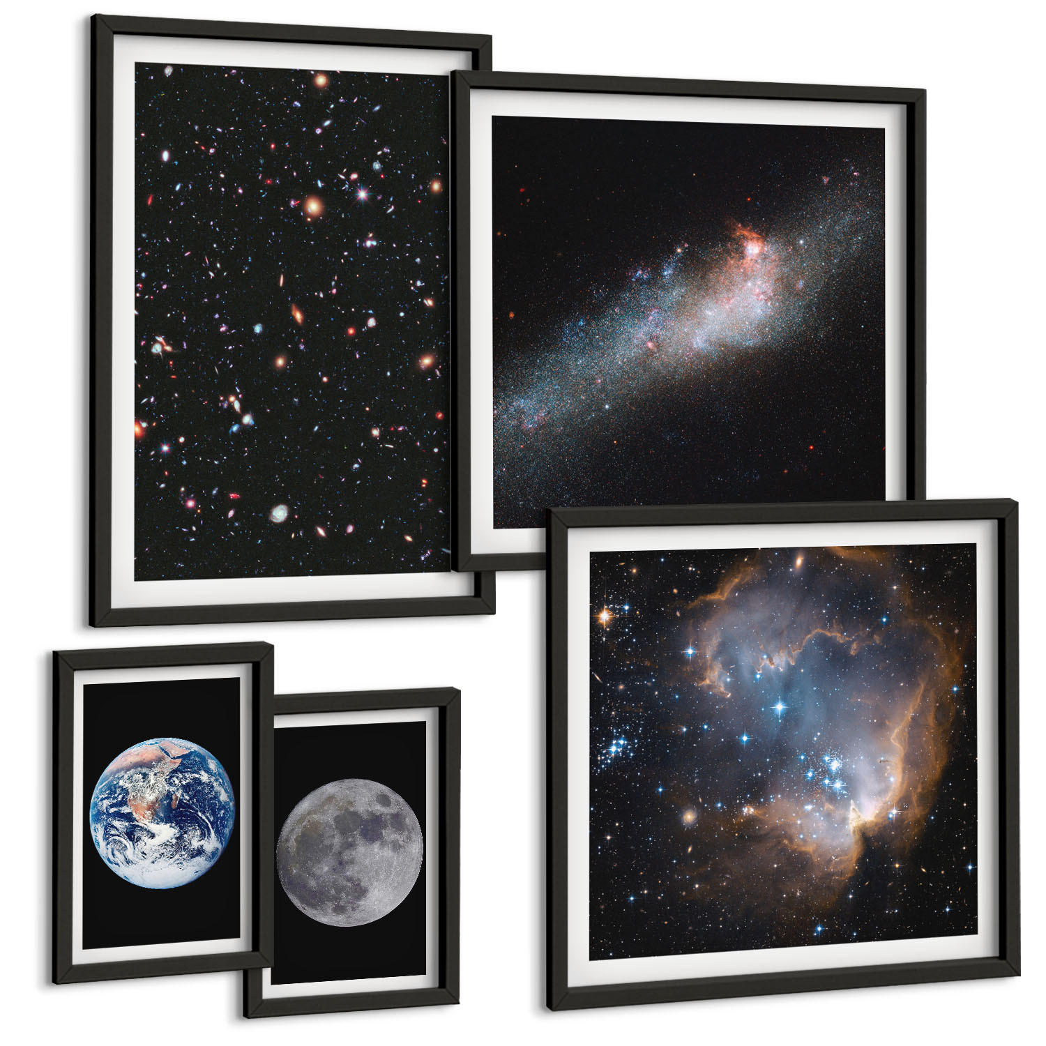 BILDER SET 5er Set - 50x50 cm & 20x30 cm & 40x60 cm Schwarzer Rahmen - Galaxie Weltraum Mond - Schwarz, Kunststoff (40/60cm) - TULUP