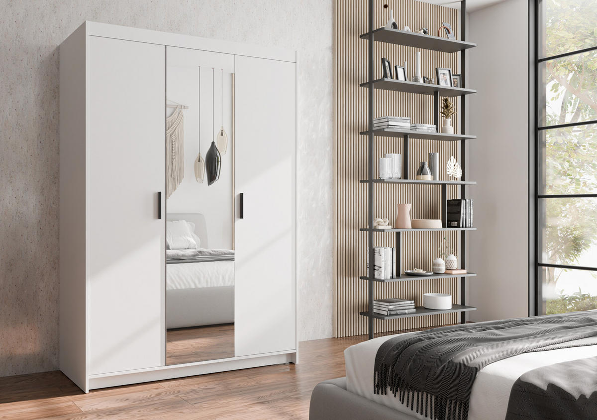 KLEIDERSCHRANK Storicos Weiß 133/190,5/53 cm - Modern mit Spiegel 3-türig - Weiß, Holzwerkstoff/Kunststoff (133/190.6/53cm) - AX Living