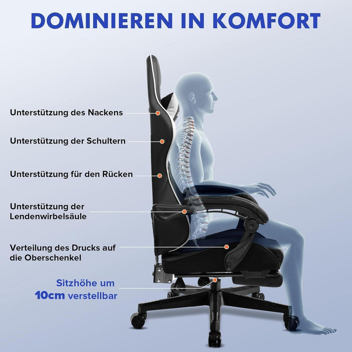 GAMING Stuhl mit Fußstütze weiß, Ergonomisch mit Lendenkissen und Kopfkissen, 150 kg Belastbarkeit - Multicolor, Kunststoff (47/132/47cm)