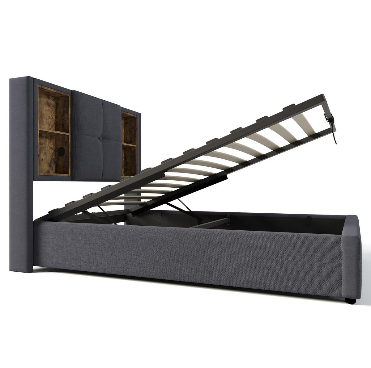 POLSTERBETT 90/200 cm mit kabellosem Laden, USB-C, Bettkasten und Matratze aus Baumwolle, Grau - Grau, Textil (90/200cm) - Redom
