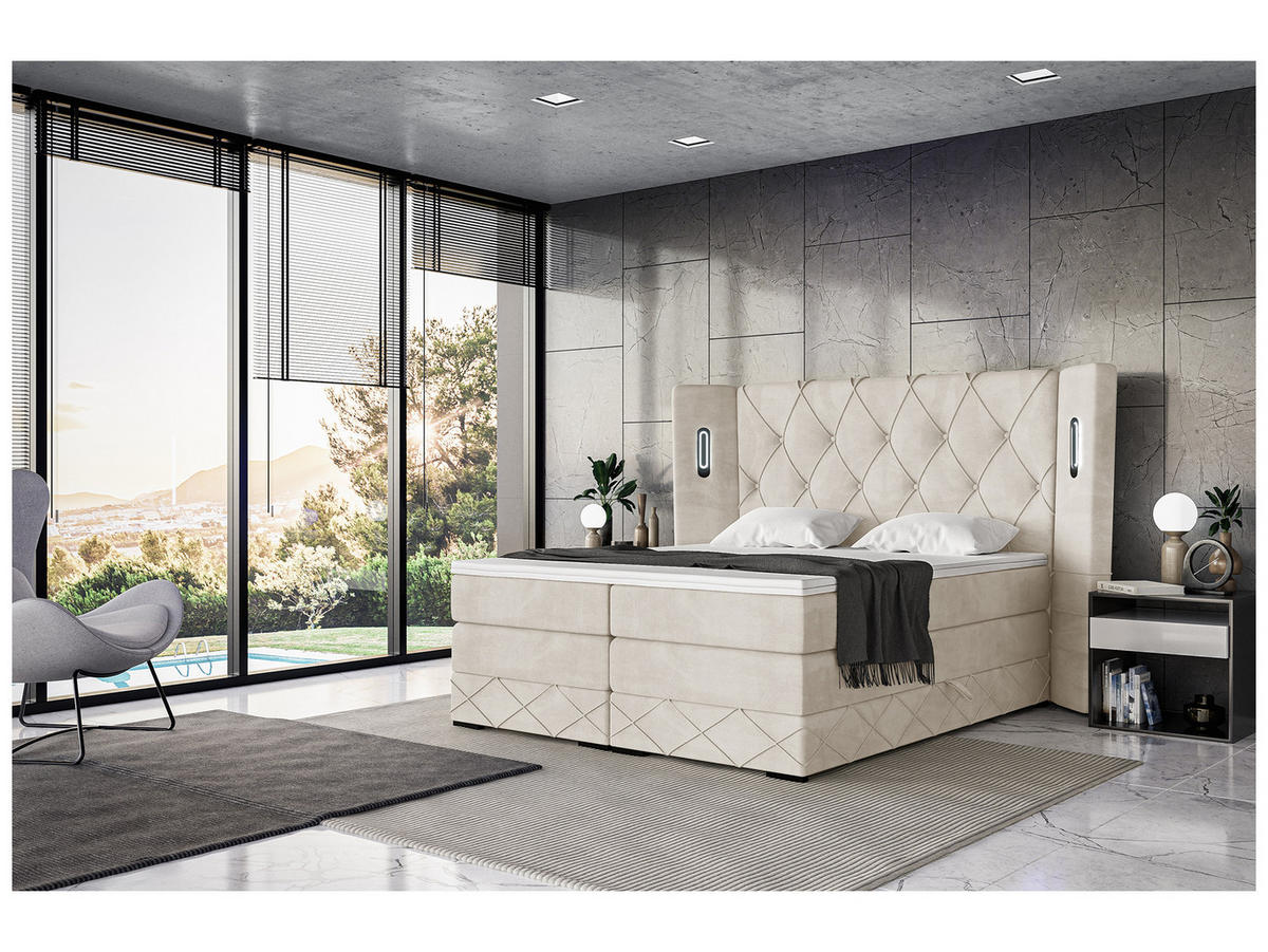 BOXSPRINGBETT Manuel - Creme/Schwarz, Holzwerkstoff/Textil (140/200cm) - Meblini