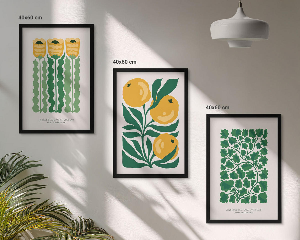 WANDBILDER 3er-Set - 40x60 cm Schwarzer Rahmen - Pflanzenmuster Blüten Blätter - Schwarz, Kunststoff (40/60cm) - ArtPrintCave