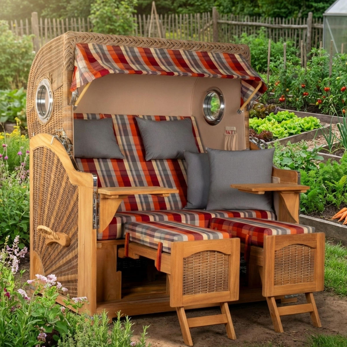 STRANDKORB XXL Düne Grande Teak Banana - Rot/Braun, Metall (142/170/95cm) - Mr. Deko