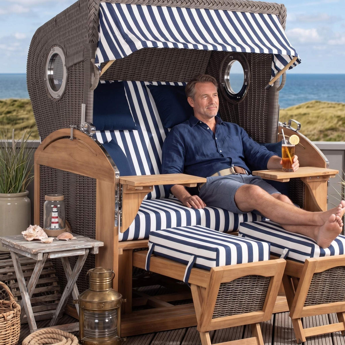 STRANDKORB XL Schillig Bullauge - Blau/Braun, Metall (142/170/95cm) - Mr. Deko
