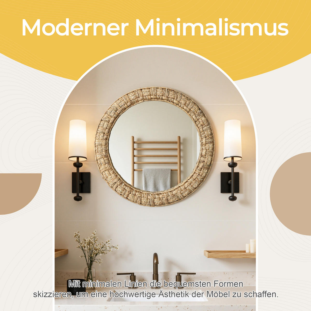 52CM H Runder Wandspiegel mit Rahmen aus geflochtener Wasserhyazinthe Geeignet für Badezimmer, Wohnzimmer und Schlafzimmer - Hellbraun/Beige, Glas/Holz (52/3.5/52cm) - Hometopia