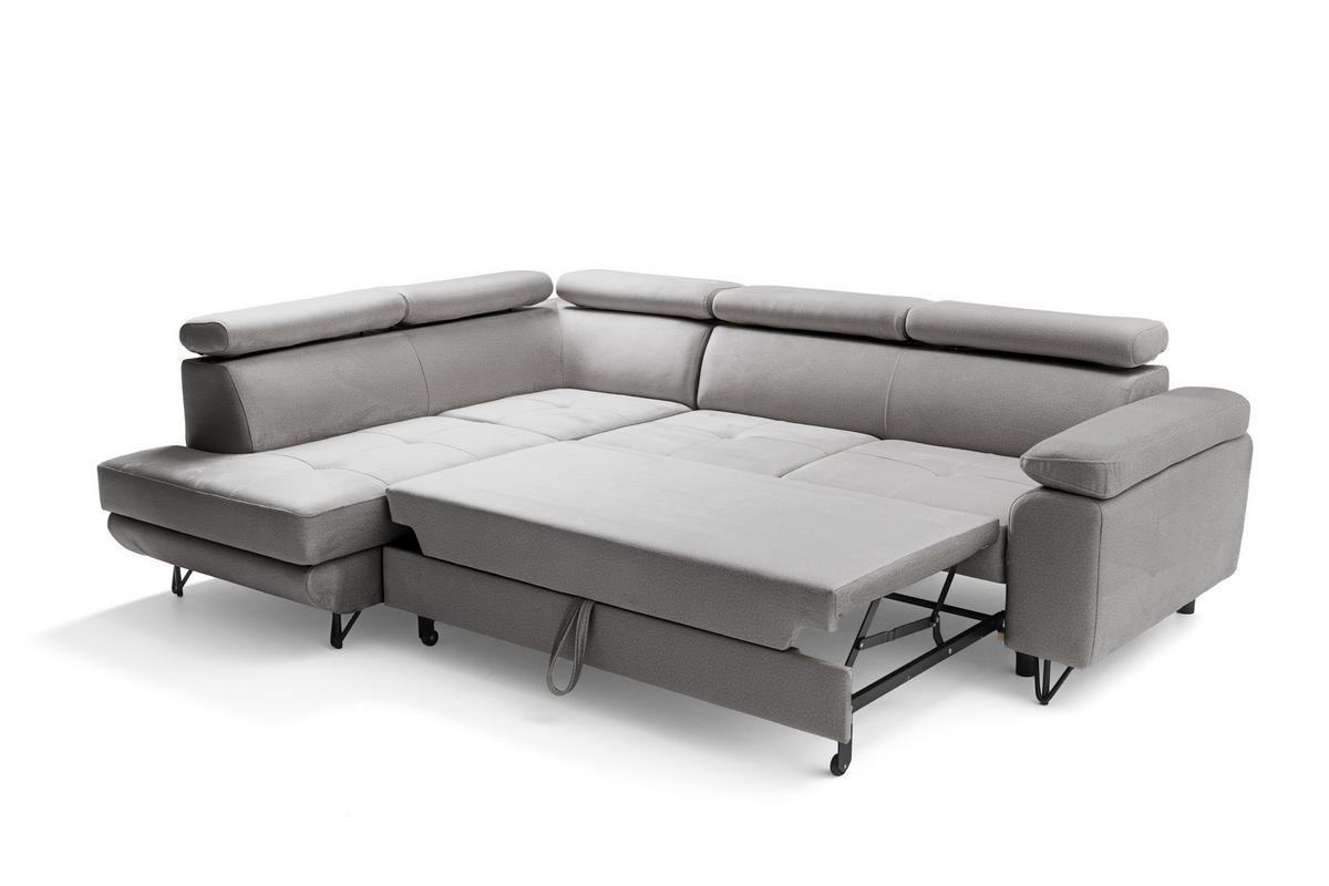 ECKSOFA JUNIOR L Links mit Schlaffunktion 194x128 Velours Hellgrau - Hellgrau/Schwarz, Holz/Textil (249/184cm) - Muffo