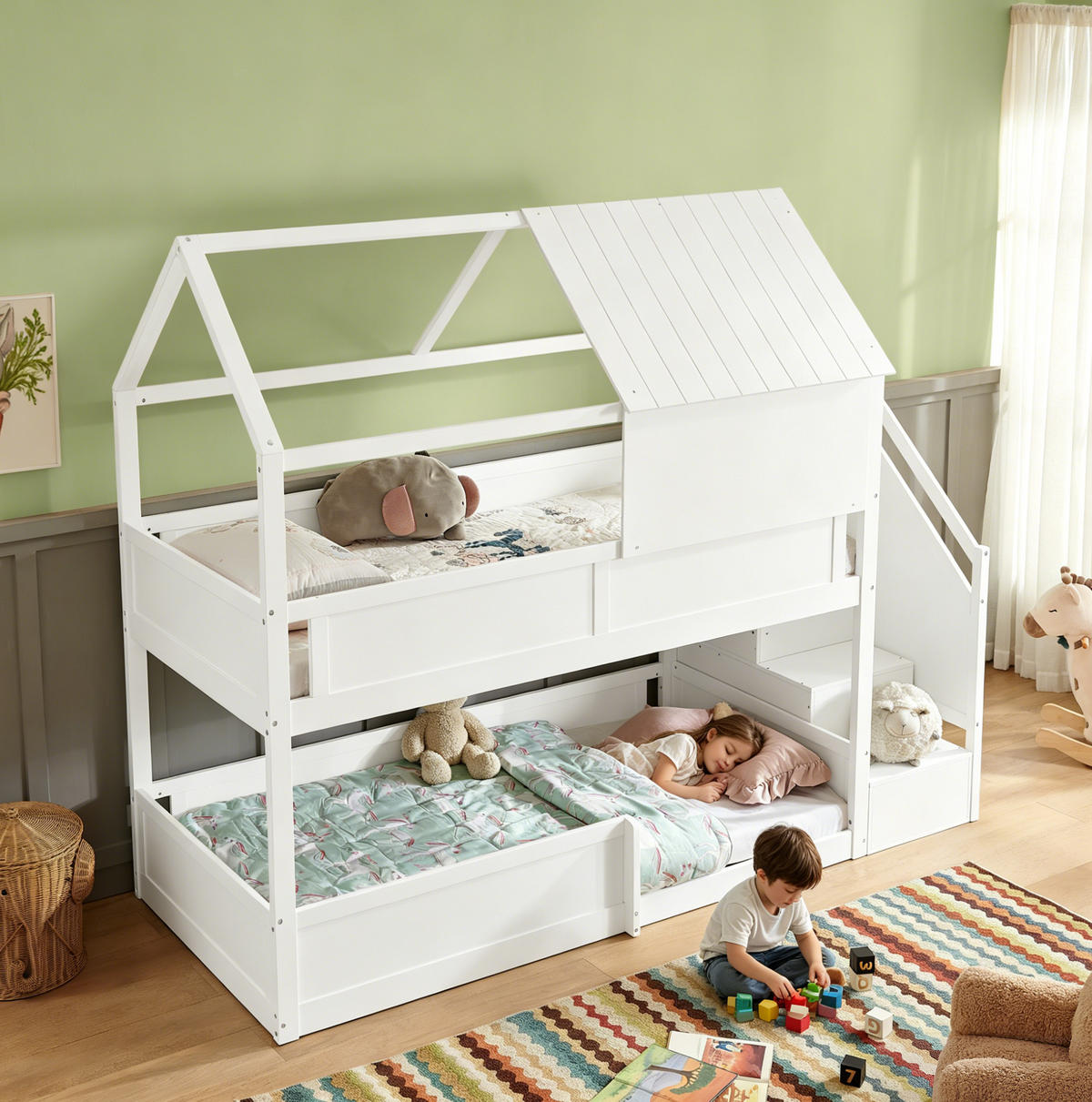 ETAGENBETT 80x200 cm in Weiß mit Dachdesign, Treppe und Sicherheitsgeländern - Weiß, Holz (80/200cm) - IVMEU