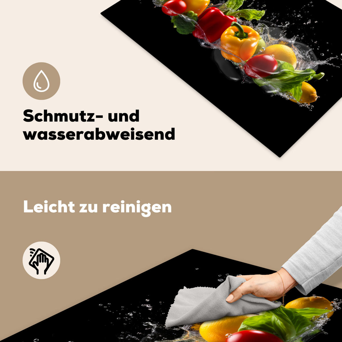 HERDABDECKPLATTE Paprika - Wasser - Gemüse - Schwarz 78x52 cm - Multicolor, Kunststoff (78/0.2/52cm) - MuchoWow