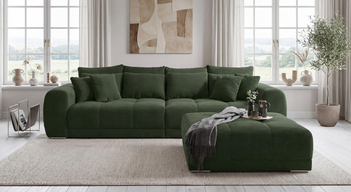 BIG-SOFA Federkern B306/T134/H86 cm, Liegefläche 120x240 cm, Cord Grün / 15172 - Chromfarben/Grün, Textil/Metall (306/86/134cm) - luma-home