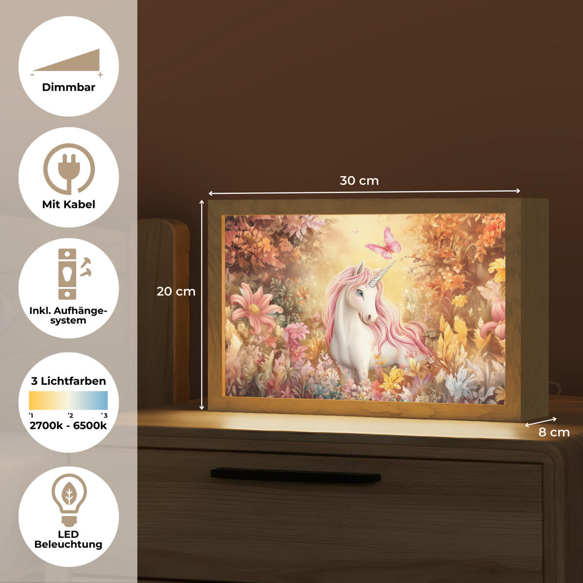 NACHTTISCHLAMPE Einhorn - Blumen - Schmetterling - Rosa 30x20 cm - Beige, Holzwerkstoff (8/30/20cm)