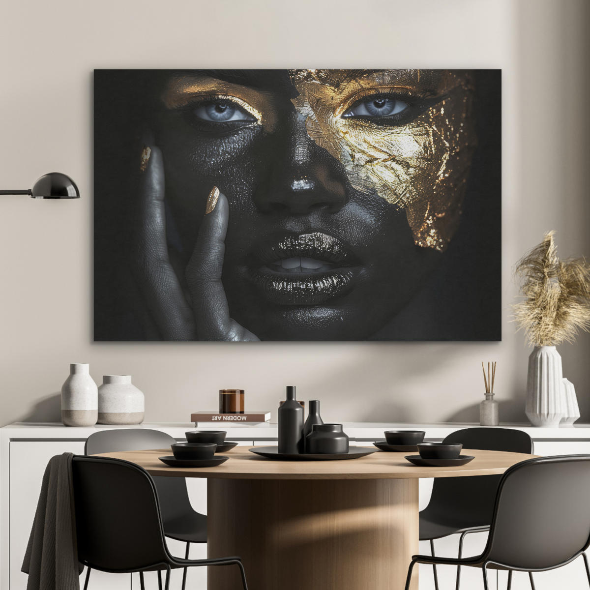 AKUSTIKPANEEL Frau - Gold - Porträt - Schwarz-Weiß - Luxus 100x70 cm - Hellblau, Textil (100/0.9/70cm) - MuchoWow