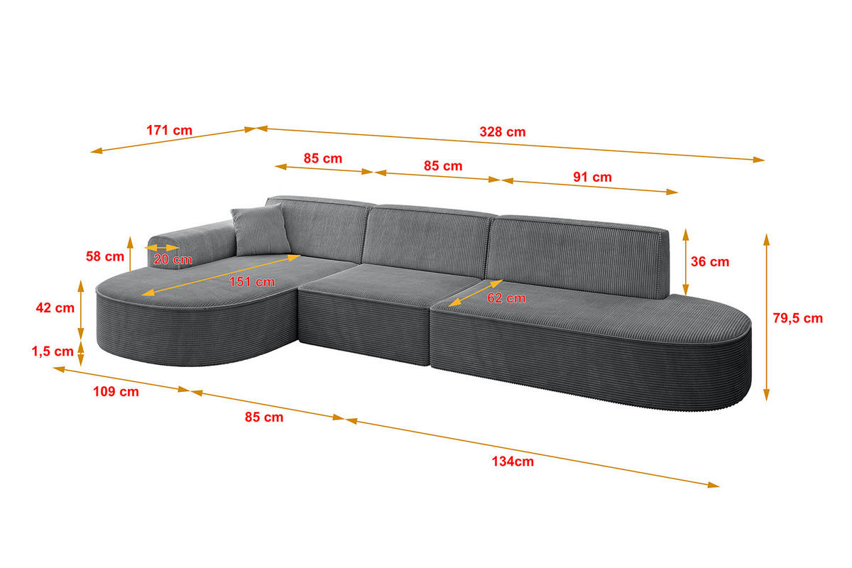 ECKSOFA Ottomane Links MARI-L2 - 328x171x79 cm Dunkelgrau Cord - Dunkelgrau/Schwarz, Holzwerkstoff/Kunststoff (165/321cm) - ALTDECOR