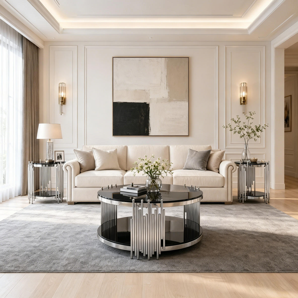 COUCHTISCH in Schwarz Runder Wohnzimmer für Wohnzimmer / Zuhause / Büro - Silberfarben/Schwarz, Glas/Holzwerkstoff (80/80/45cm) - STILVORA