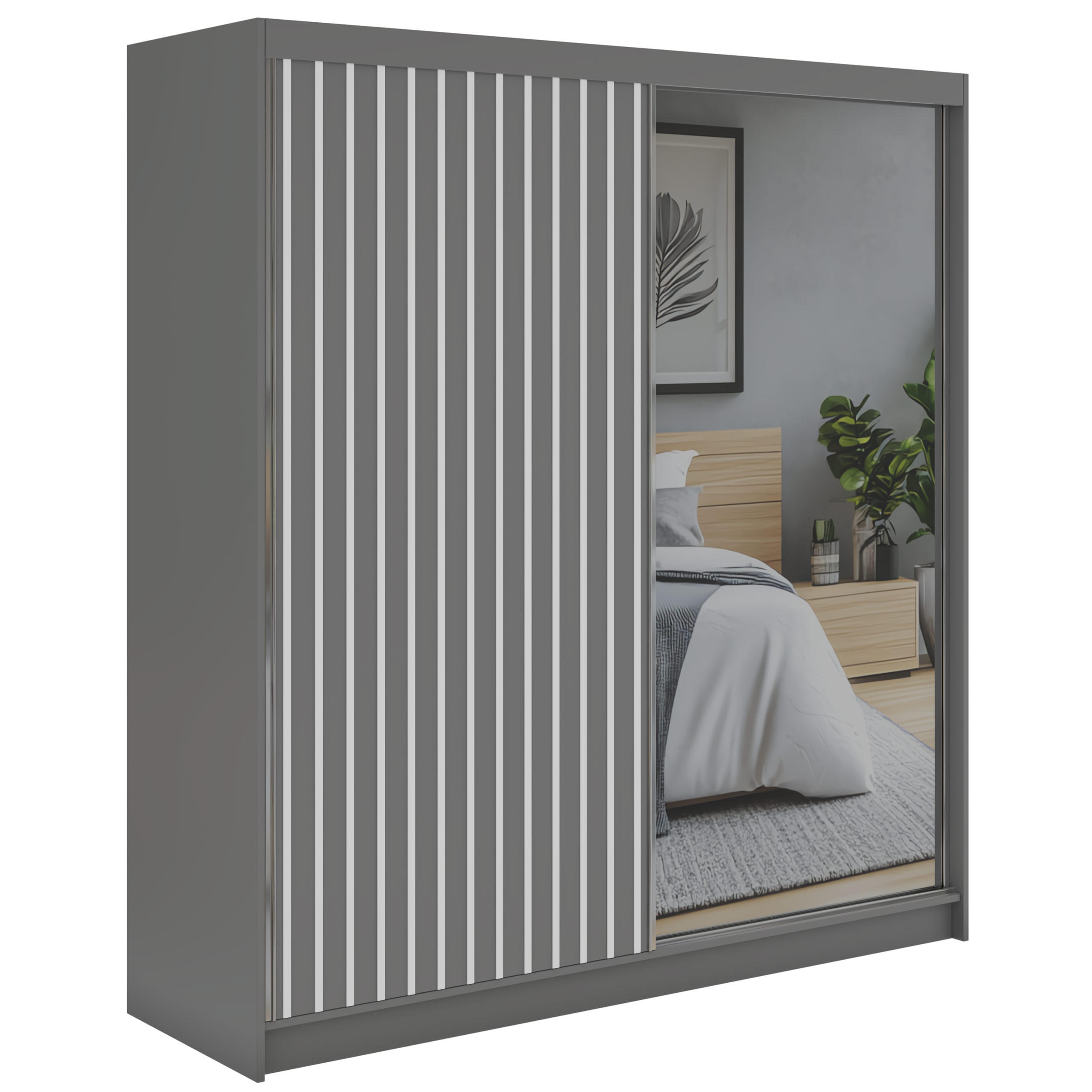 SCHWEBETÜRENSCHRANK mit Spiegel LAOS - 200 - Grau - Weiß Lamellen - Alufarben/Weiß, Holzwerkstoff/Metall (200/216/61cm) - MKS