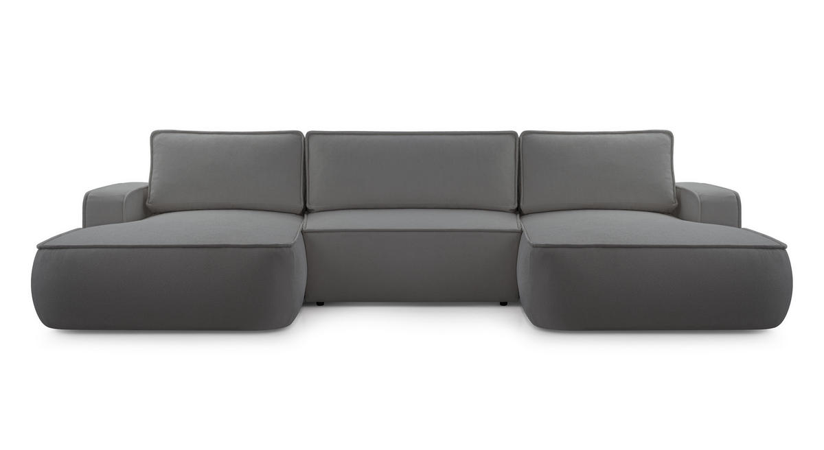 WOHNLANDSCHAFT SOLO Grau Boucle-Stoff mit Schlaffunktion - Grau, Holz (364/87/168cm) - MASSENO