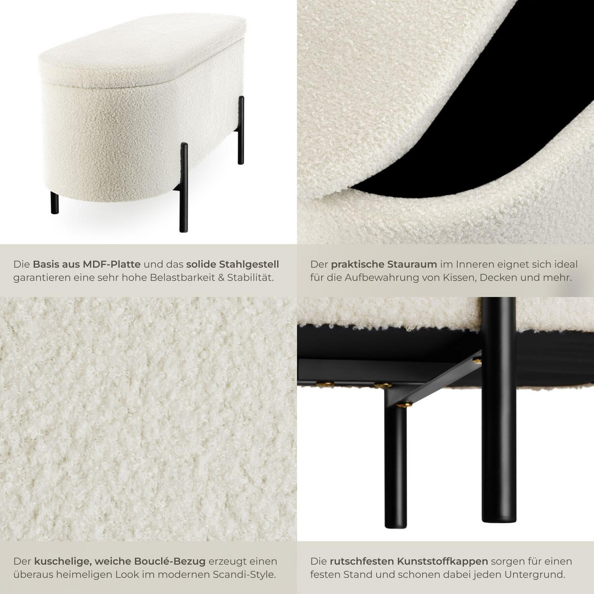 TRUHENBANK Lanja,97 x 36 x 42 cm Bouclé creme-weiß - Creme/Weiß, Holz (36/43/96cm) - tectake