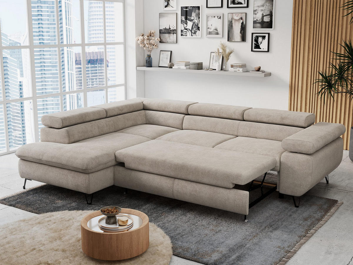 ECKSOFA PETER L Beige Struktur - Links Seite - Beige/Schwarz, Textil/Metall (208/273cm) - MKS