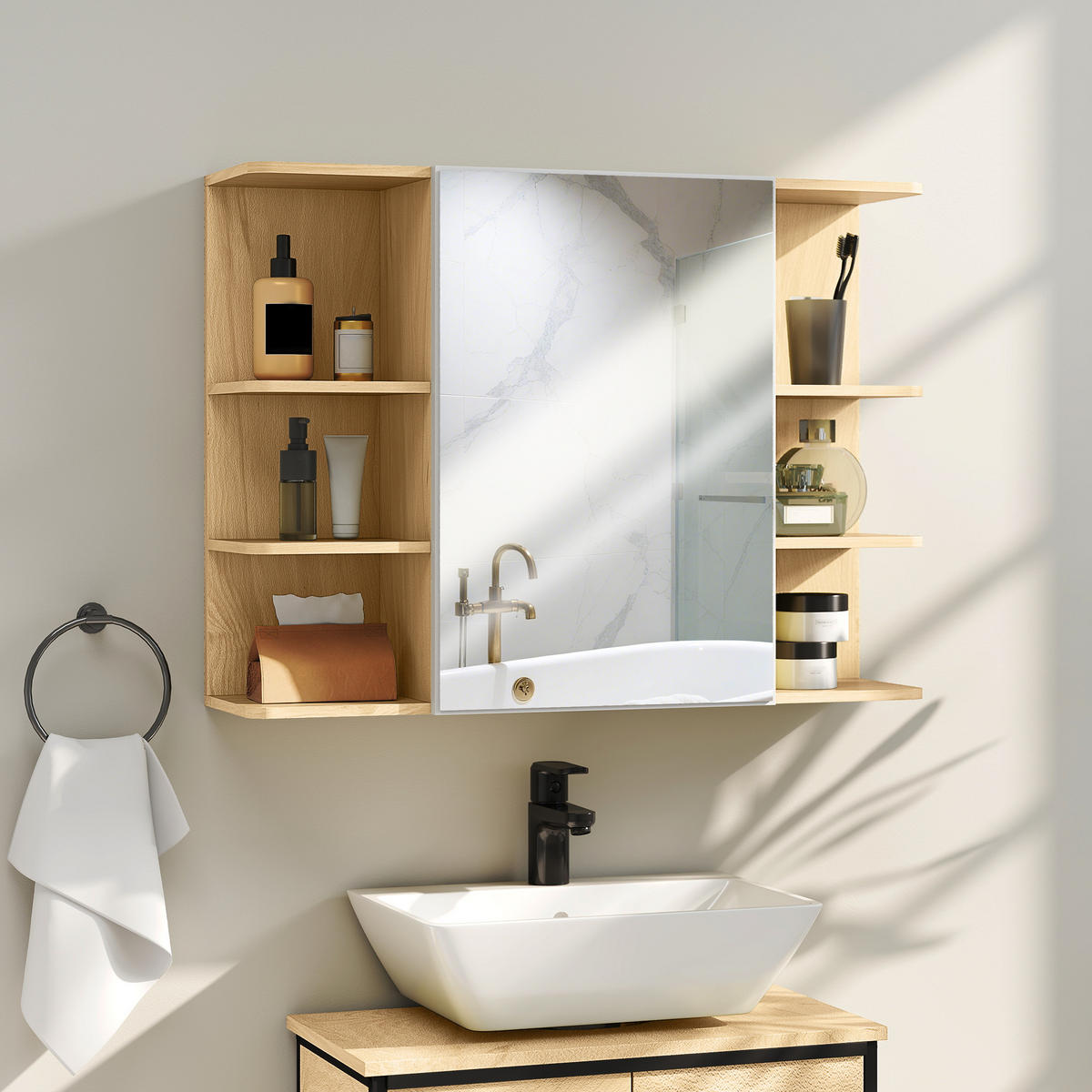 SPIEGELSCHRANK mit 2-stöckigem Schrank und 6 offenen Fächern, 80 x 20 x 59 cm ,Holz - Braun, Glas (80/59/20cm) - Vallsero